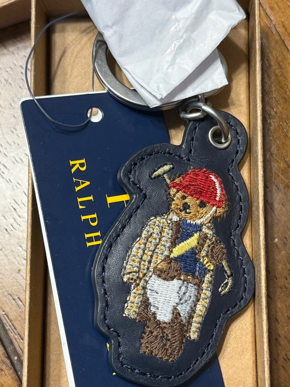 Ralph Lauren Navy Leather Polo Bear Key & Card Holder with Red Cap